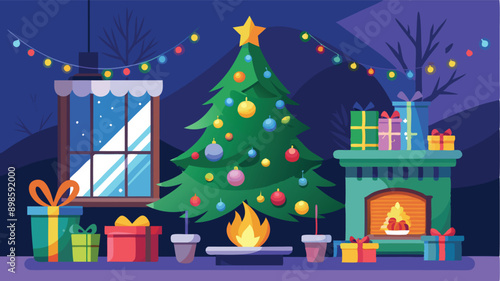 Stylishly decorated Christmas tree with fireplace interiors with a Christmas tree, lights and gifts under the tree.. Generative AI
