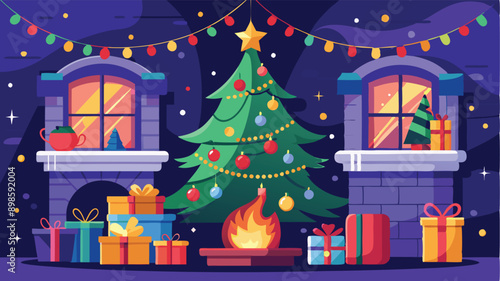 Stylishly decorated Christmas tree with fireplace interiors with a Christmas tree, lights and gifts under the tree.. Generative AI
