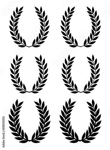 Set black silhouette circular laurel foliate, wheat and oak wreaths depicting an award, achievement, heraldry, nobility on white background. Emblem floral greek branch flat style.