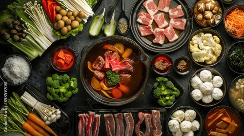 Overhead shot of a Shabushi meal with various meats, vegetables, and broths in hot pots photo