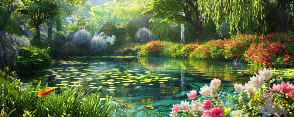 A peaceful garden background with blooming flowers, lush greenery, and a serene pond, ideal for a tranquil and relaxing atmosphere. A peaceful garden background with blooming flowers, lush greenery, and a serene pond, ideal for a tranquil and relaxing atmosphere.