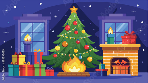 Stylishly decorated Christmas tree with fireplace interiors with a Christmas tree, lights and gifts under the tree.. Generative AI
