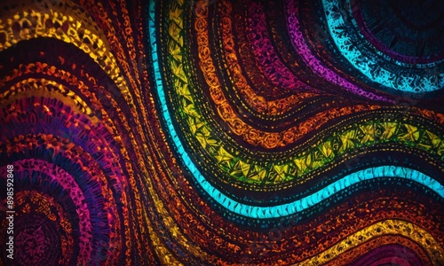 colorful abstract pattern with curved lines and swirls, featuring a mix of warm and cool colors.