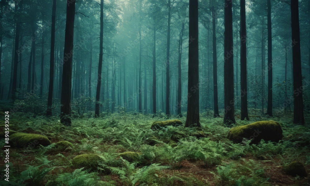 The image is of a dense forest with tall trees and a thick layer of green ferns covering the ground. The image is of a dense forest with tall trees and a thick layer of green ferns covering the ground.