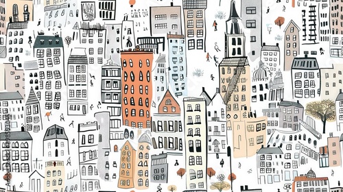 A lively display of hand-drawn cityscapes features various buildings, people walking, and trees, capturing the essence of urban life