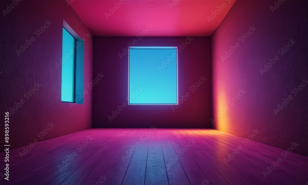 3D rendering of a room with a wooden floor and two windows, one of which is illuminated by a blue light. 3D rendering of a room with a wooden floor and two windows, one of which is illuminated by a blue light.