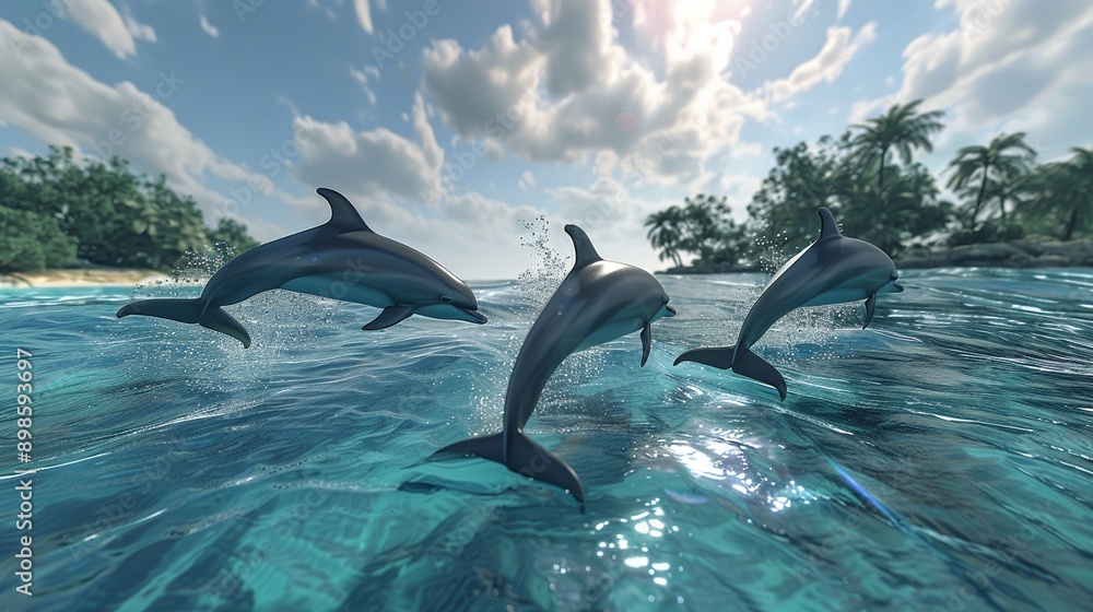 Obraz premium Educational content creator with intelligent dolphins, interactive learning, clear focus