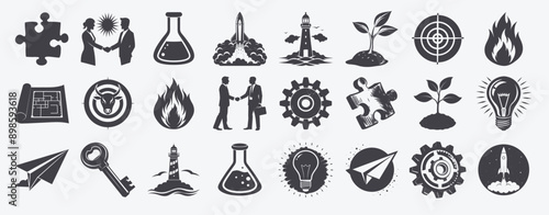 Set startup symbols including blueprint bullseye flame gear handshake key lab flask lightbulb lighthouse paper airplane puzzle rocket, opportunity marketing management planning