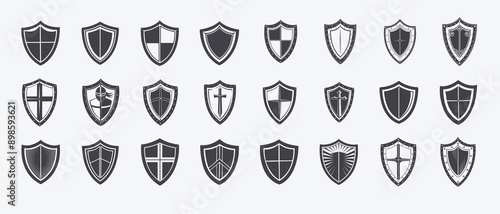 Set black white shields various shapes designs, battle emblem heraldry combat