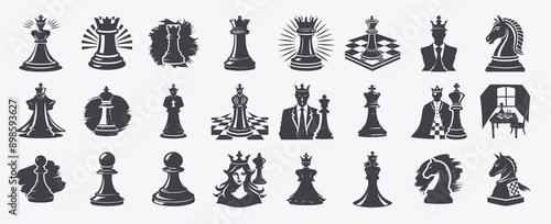 Chess pieces including pawns rooks bishops knights queens kings arranged on chessboard, skill tactics competition concentration