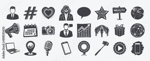 Set black white icons social media marketing communication, laptop smartphone microphone video