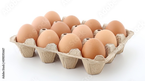 Brown eggs in carton on white background