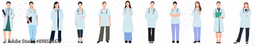 Set of female doctor in different poses.  Standing arms crossed and showing looking up.