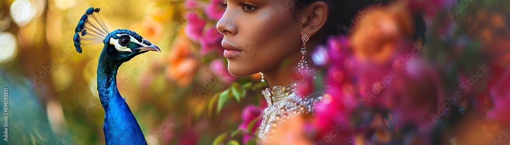 Beauty vlogger and a peacock, lavish garden setting, selective focus on vibrant colors Beauty vlogger and a peacock, lavish garden setting, selective focus on vibrant colors