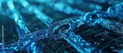 Abstract image of blue chains on a circuit board, representing digital security and data protection. photo