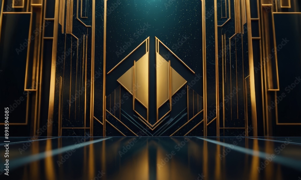 3D rendering of a room with a dark background and a geometric pattern of gold lines and shapes. 3D rendering of a room with a dark background and a geometric pattern of gold lines and shapes.