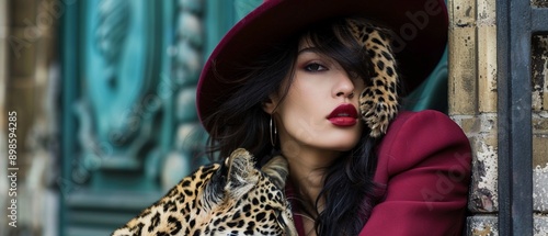 Fashion blogger with a leopard, bold style meets wild beauty, sharp focus © Sukifli.D