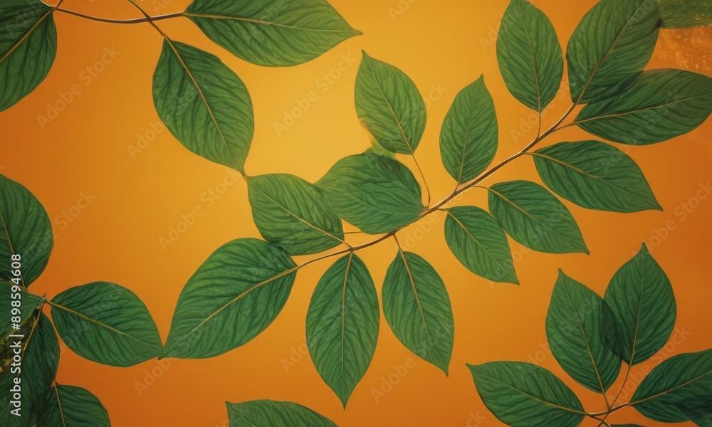 close-up view of green leaves on a branch against an orange background. close-up view of green leaves on a branch against an orange background.