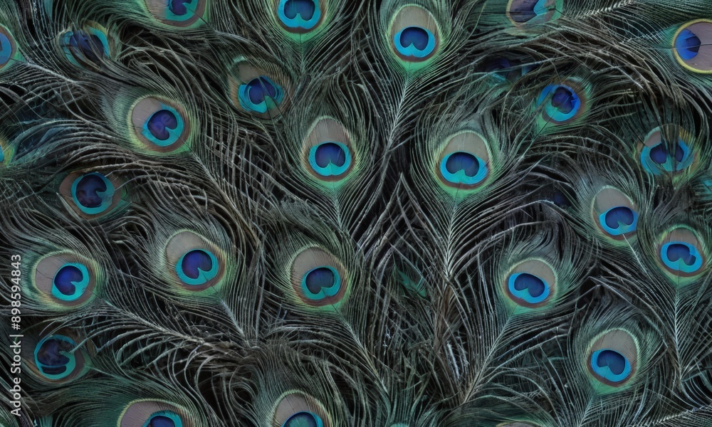 Fototapeta premium close-up view of a peacock feather, with its intricate patterns and vibrant blue and green colors.