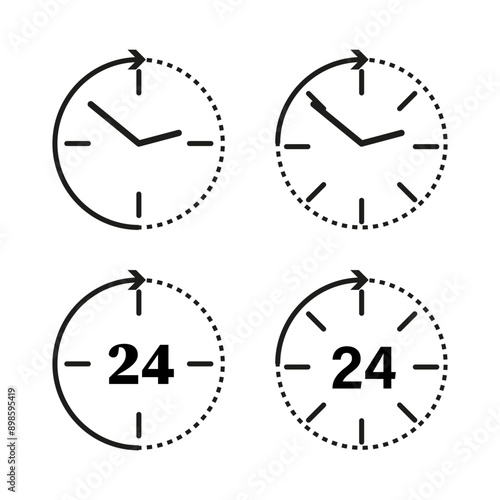 24 Hour Clock Icons. Vector Time Symbols. Minimalist Clock Design. Round the Clock Service.