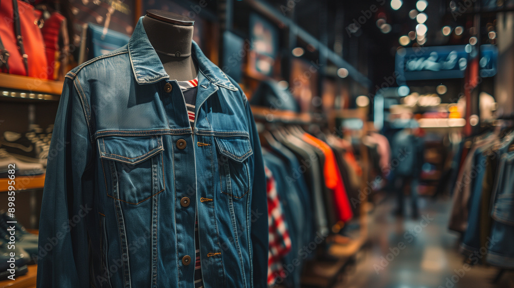 Mock up denim jacket displayed on mannequin, shop background with clothing racks, Ai generated Images Mock up denim jacket displayed on mannequin, shop background with clothing racks, Ai generated Images