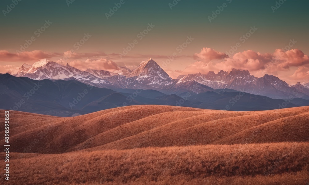 beautiful mountain range with snow-capped peaks, a hazy sky, and rolling hills in the foreground. beautiful mountain range with snow-capped peaks, a hazy sky, and rolling hills in the foreground.