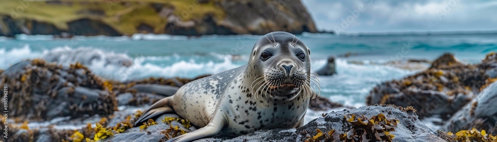 Fototapeta premium Travel influencer with seals, marine adventures, focus on ocean conservation