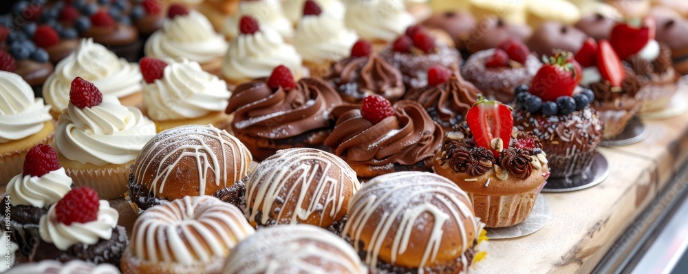 Assortment of delicious pastries and desserts on display. Assortment of delicious pastries and desserts on display.