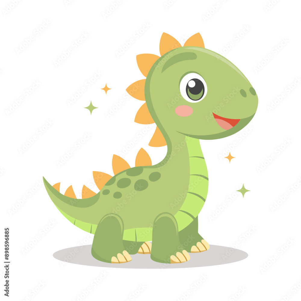 Fototapeta premium Cute baby dinosaur on white background. Design for greeting cards, invitations, printing on clothes. Flat style illustration