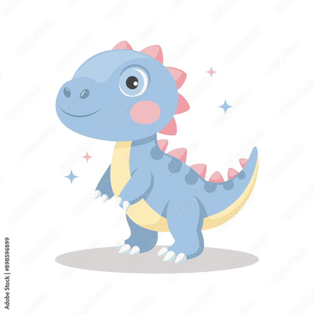 Fototapeta premium Cute baby dinosaur on white background. Design for greeting cards, invitations, printing on clothes. Flat style illustration