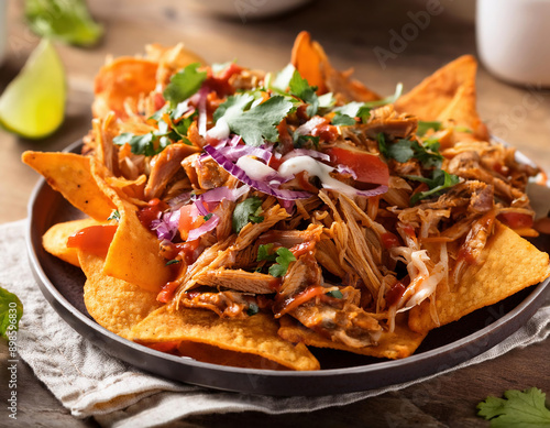 Mexican nachos with pulled beef, cheese, vegetables 
 Sriracha Slaw and guacamole photo