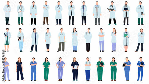 Doctors and nurses. Male and female doctor with stethoscope. Medical student volunteer and intern character. Medical staff and professional physician in uniform. 