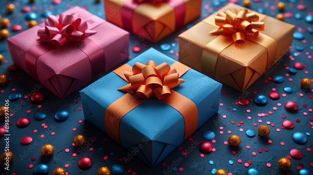 Colorful Presents with Bows Surrounded by Confetti and Decorations Colorful Presents with Bows Surrounded by Confetti and Decorations