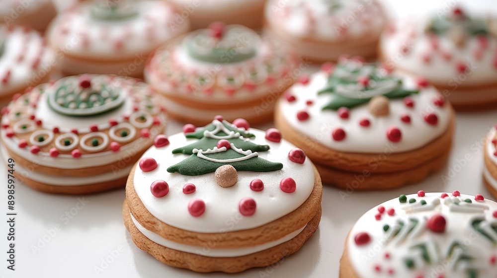 Festive Christmas Cookies with Colorful Icing on White Background Festive Christmas Cookies with Colorful Icing on White Background