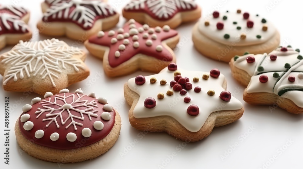Festive Christmas Cookies with Colorful Icing on White Background Festive Christmas Cookies with Colorful Icing on White Background