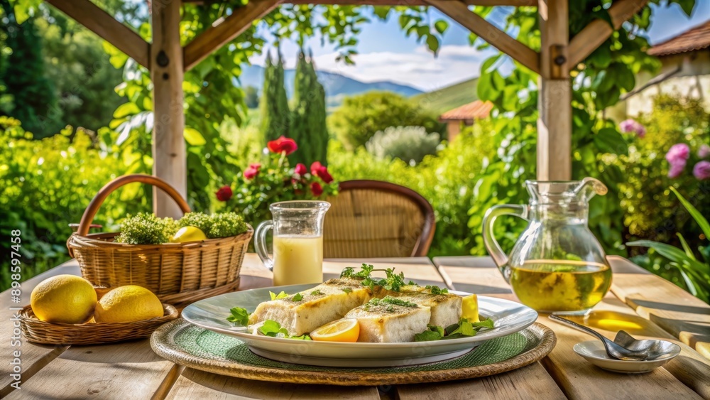 Desayuno al aire libre con pan y limón en un jardín pintoresco con vista a las montañas. Desayuno al aire libre con pan y limón en un jardín pintoresco con vista a las montañas.