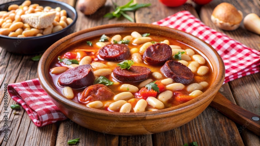 Tradicional guiso de alubias con chorizo servido en un cuenco de madera sobre una mesa rústica. Tradicional guiso de alubias con chorizo servido en un cuenco de madera sobre una mesa rústica.