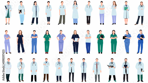 Doctors and nurses. Male and female doctor with stethoscope. Medical student volunteer and intern character. Medical staff and professional physician in uniform. 