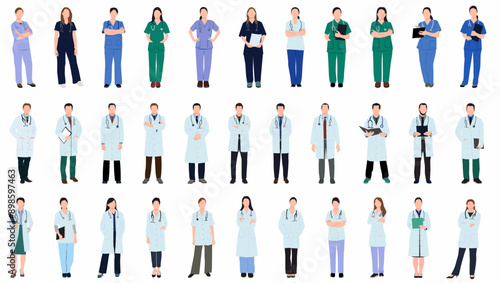 Doctors and nurses. Male and female doctor with stethoscope. Medical student volunteer and intern character. Medical staff and professional physician in uniform. 