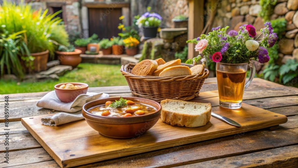 Guiso de alubias servido con pan en una mesa al aire libre en un jardín pintoresco. Guiso de alubias servido con pan en una mesa al aire libre en un jardín pintoresco.