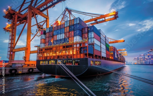 Cargo ship being loaded with containers at a busy port. photo