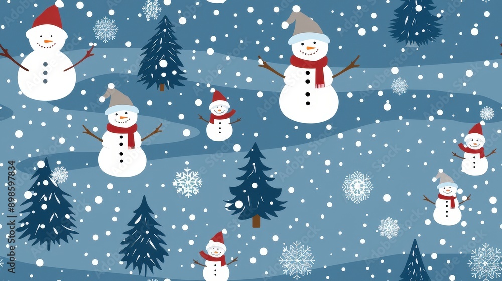 A cheerful winter wonderland scene displays cute snowmen, tall pine trees, and gentle snowfall, evoking a festive holiday atmosphere A cheerful winter wonderland scene displays cute snowmen, tall pine trees, and gentle snowfall, evoking a festive holiday atmosphere