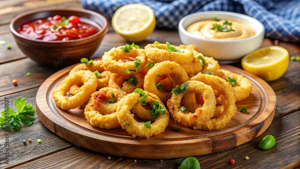 Aros de calamares fritos con salsas y rodajas de limón en una tabla de madera. Aros de calamares fritos con salsas y rodajas de limón en una tabla de madera.