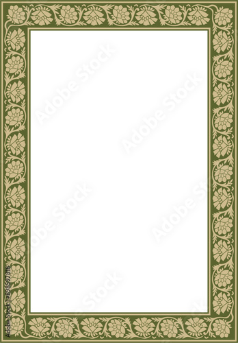 Vector square gold and green Indian national ornament. Ethnic plant border. Flowers frame. Poppies and leaves