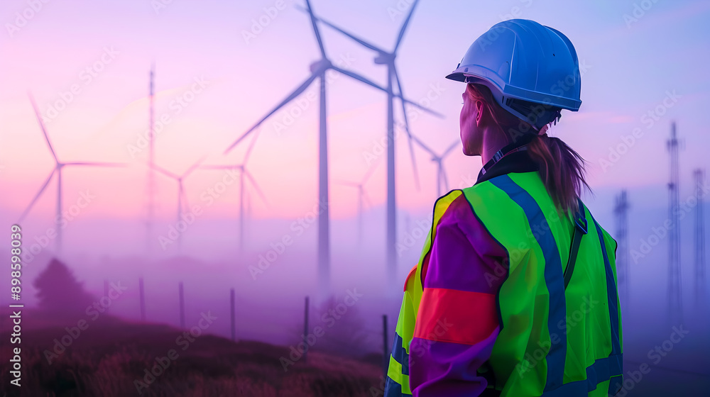 A diligent wind turbine engineer in a safety vest and hard hat carefully inspecting renewable energy equipment at a wind farm surrounded by the misty serene atmosphere of the morning dawn A diligent wind turbine engineer in a safety vest and hard hat carefully inspecting renewable energy equipment at a wind farm surrounded by the misty serene atmosphere of the morning dawn