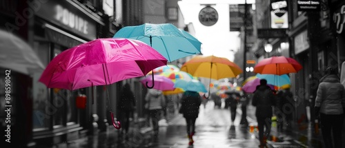 Wallpaper Mural Monochrome snapshot of a rainy day, colorful umbrellas popping up Torontodigital.ca