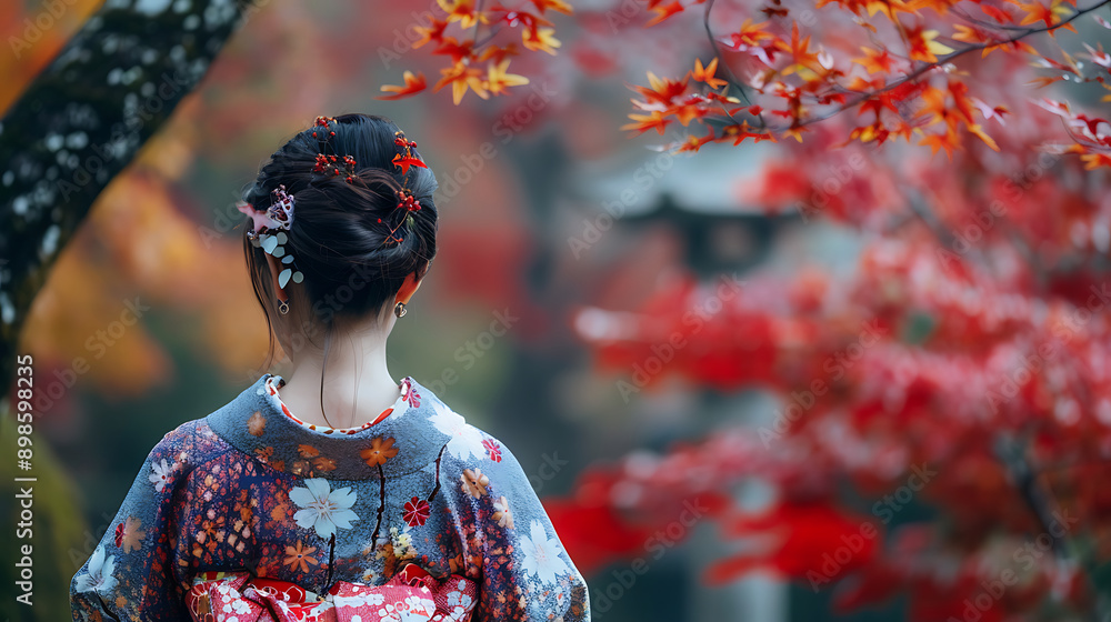 A particularly sharp image of the back of a young woman in a kimono behind a maple tree that has turned red in a Zen garden. Generative AI illustration A particularly sharp image of the back of a young woman in a kimono behind a maple tree that has turned red in a Zen garden. Generative AI illustration