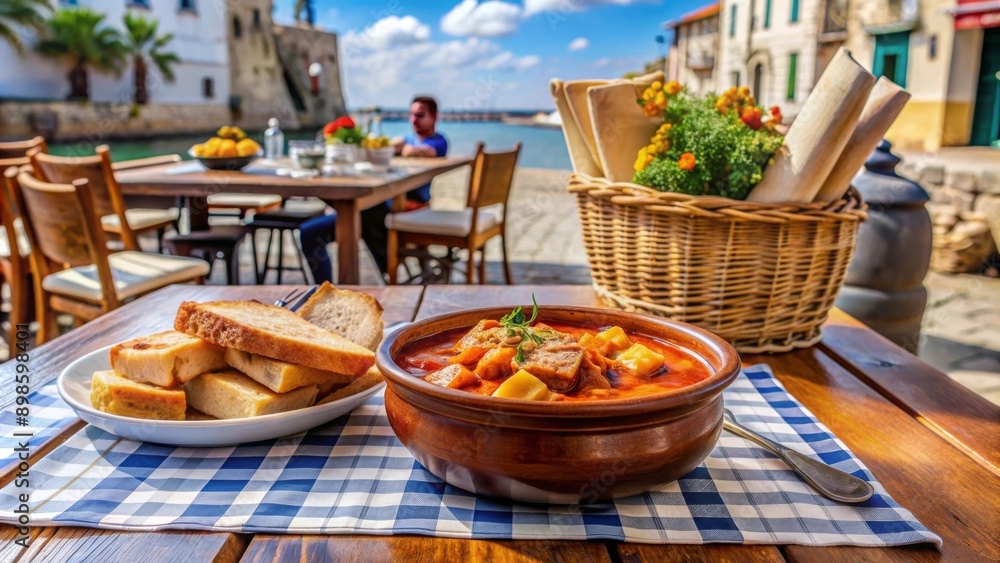 Obraz premium Sopa de pescado con mariscos servida en una mesa al aire libre con pan y vista al mar.