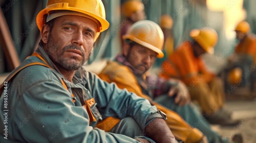 Construction workers sit sad on the job site, there are unemployed, hopeless crisis, low economic crisis, and business failure Construction workers sit sad on the job site, there are unemployed, hopeless crisis, low economic crisis, and business failure