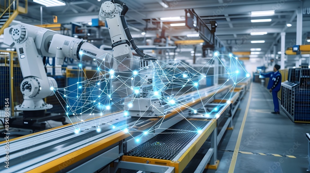 Automated Smart Factory with Mesh Lines Visualizing Machine Connectivity and Communication Automated Smart Factory with Mesh Lines Visualizing Machine Connectivity and Communication